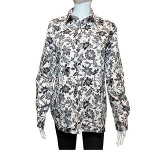 Lands’ End No Iron Supima Cotton Button Up Shirt Floral Black White Women’s 12